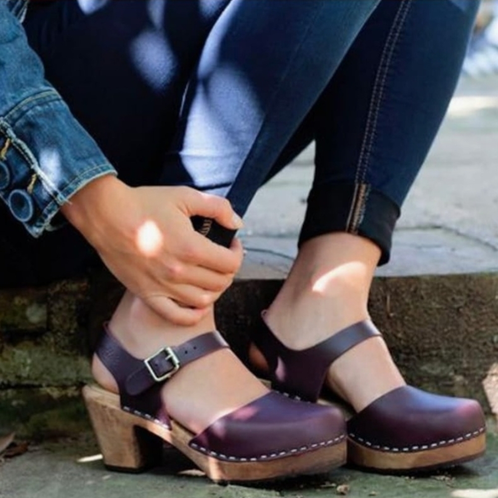 Lotta's Lotta From Stockholm Highwood Aubergine Leather Swedish Wooden Clogs 38 - Picture 2 of 9